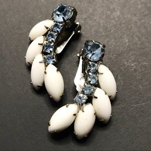 Vintage Earrings Milk Glass Rhinestone Ear Climber